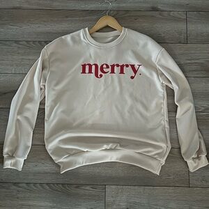 Festive Cream and Red Crewneck Sweater with Merry Design